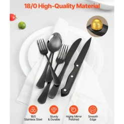 VEVOR 48-Piece Black Silverware Set with Steak Knives, Food-Grade Stainless Steel Flatware Utensils for 8, Mirror Finished Cutlery Set, Dishwasher Safe Eating Tableware for Kitchen Home, Service for 8