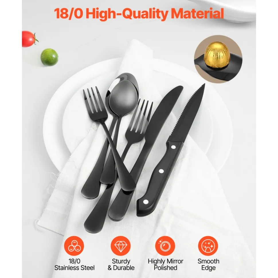 VEVOR 48-Piece Black Silverware Set with Steak Knives, Food-Grade Stainless Steel Flatware Utensils for 8, Mirror Finished Cutlery Set, Dishwasher Safe Eating Tableware for Kitchen Home, Service for 8