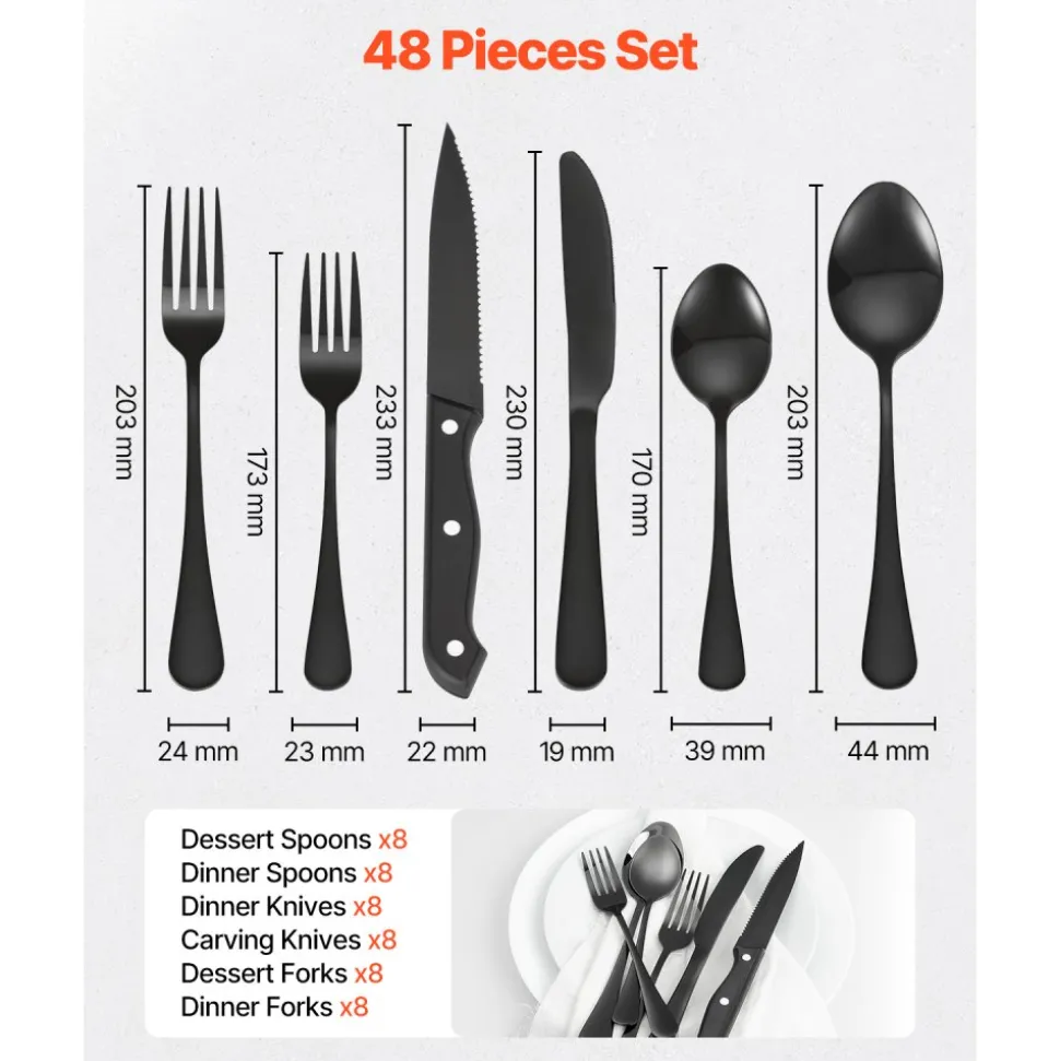 VEVOR 48-Piece Black Silverware Set with Steak Knives, Food-Grade Stainless Steel Flatware Utensils for 8, Mirror Finished Cutlery Set, Dishwasher Safe Eating Tableware for Kitchen Home, Service for 8