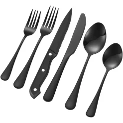 VEVOR 48-Piece Black Silverware Set with Steak Knives, Food-Grade Stainless Steel Flatware Utensils for 8, Mirror Finished Cutlery Set, Dishwasher Safe Eating Tableware for Kitchen Home, Service for 8