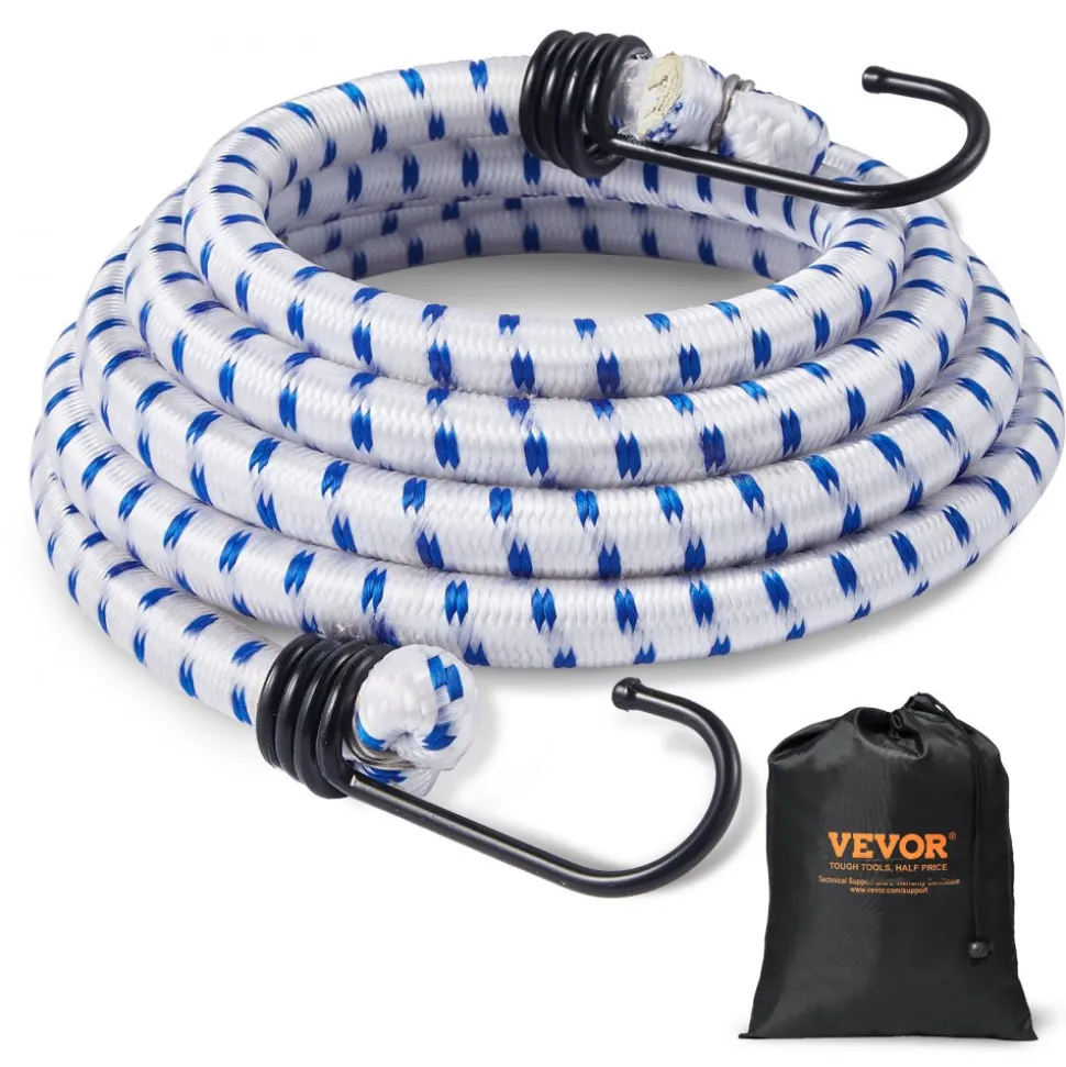 VEVOR 6 Piece Bungee Cords with A3 Steel Hooks, 72 Inch Heavy Duty Bungee Straps, 12 mm Elastic Bungee Ropes Set for Camping, Tarps, Motorcycle, Truck and Tent, White with Blue Stripes
