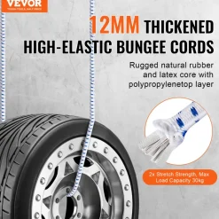 VEVOR 6 Piece Bungee Cords with A3 Steel Hooks, 72 Inch Heavy Duty Bungee Straps, 12 mm Elastic Bungee Ropes Set for Camping, Tarps, Motorcycle, Truck and Tent, White with Blue Stripes