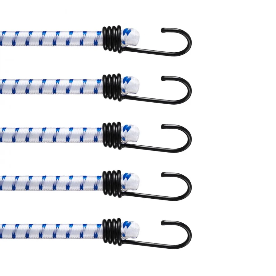 VEVOR 6 Piece Bungee Cords with A3 Steel Hooks, 72 Inch Heavy Duty Bungee Straps, 12 mm Elastic Bungee Ropes Set for Camping, Tarps, Motorcycle, Truck and Tent, White with Blue Stripes