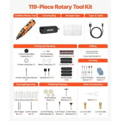 VEVOR 119-Piece Cordless Rotary Tool Kit, DC12V Portable Mini Power Rotary Tool, 28-Level Speed 5000-32000 RPM Multi-Purpose DIY Tools for Engraving, Sanding, Polishing, Carving, Cutting, DIY Crafts