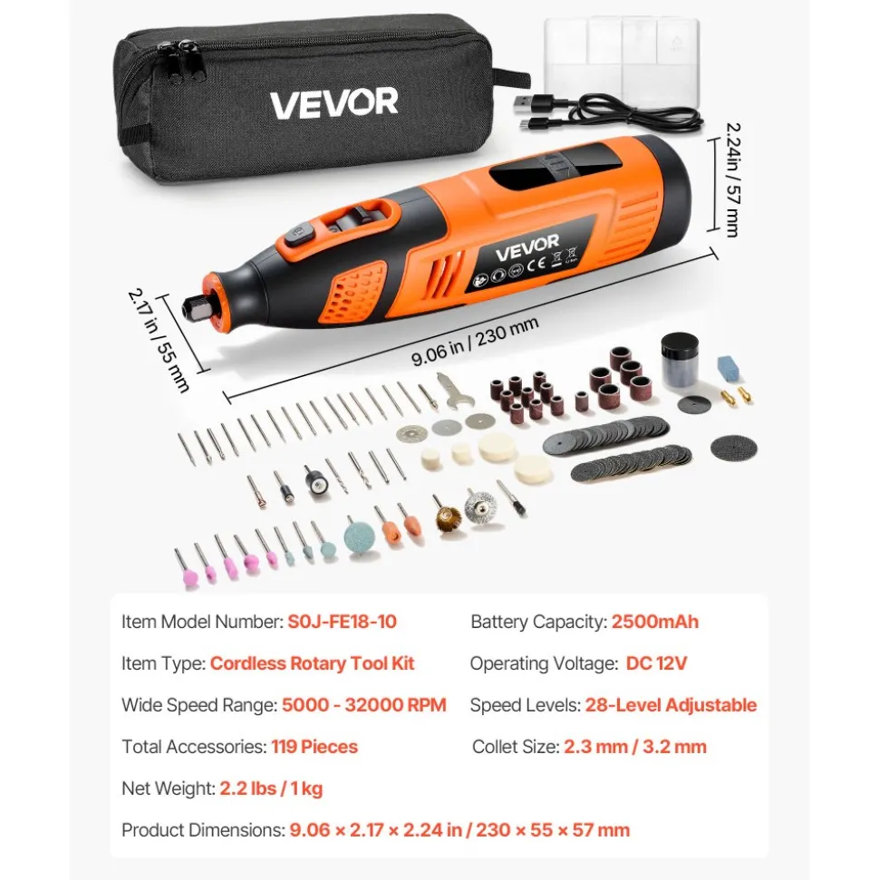 VEVOR 119-Piece Cordless Rotary Tool Kit, DC12V Portable Mini Power Rotary Tool, 28-Level Speed 5000-32000 RPM Multi-Purpose DIY Tools for Engraving, Sanding, Polishing, Carving, Cutting, DIY Crafts