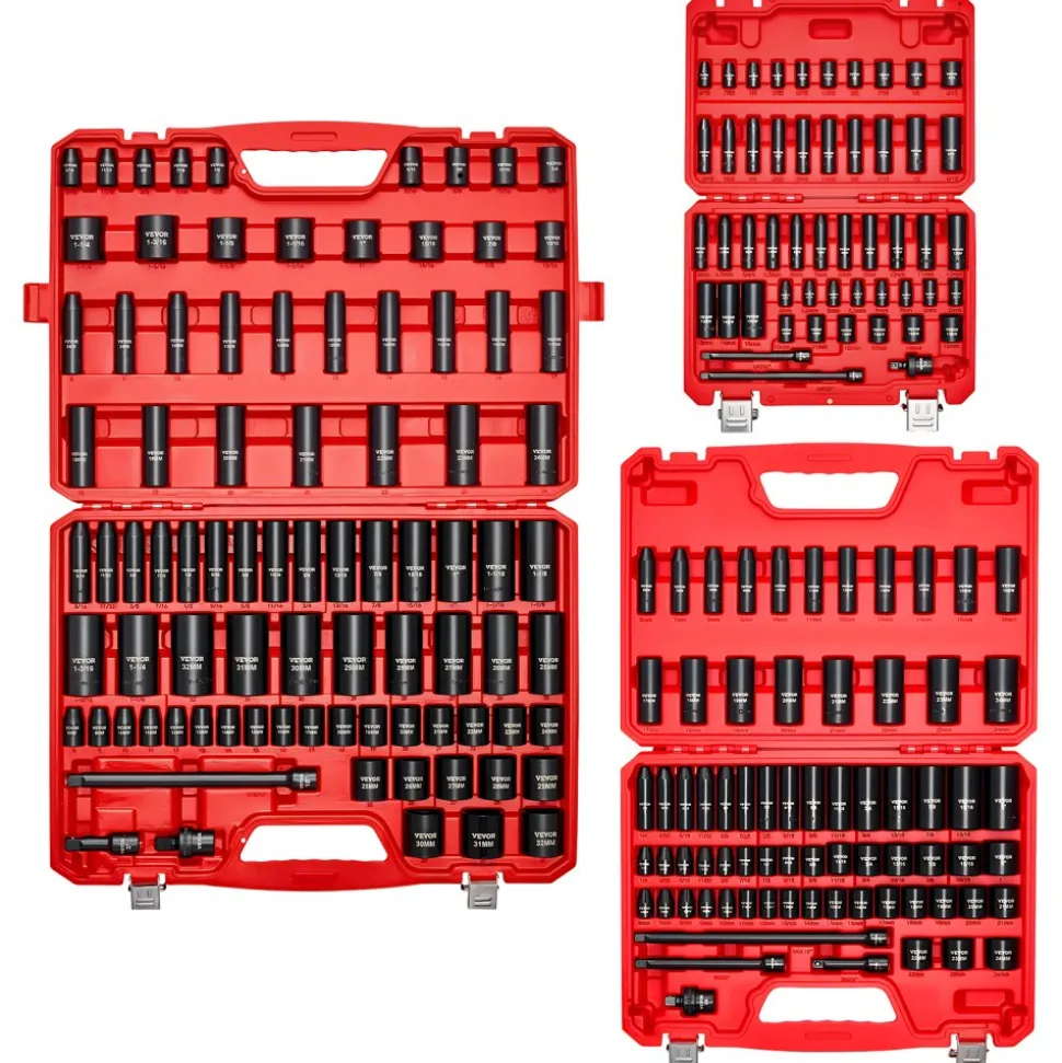 VEVOR 210 Piece Drive Impact Socket Set, 1/4, 3/8, 1/2 Inch, 6 Point Deep & Shallow Impact Sockets, SAE (3/16 to 1-1/4 in) and Metric (4 to 32 mm) Sizes with Extension Bars, Cr-Mo Steel, Carrying Case