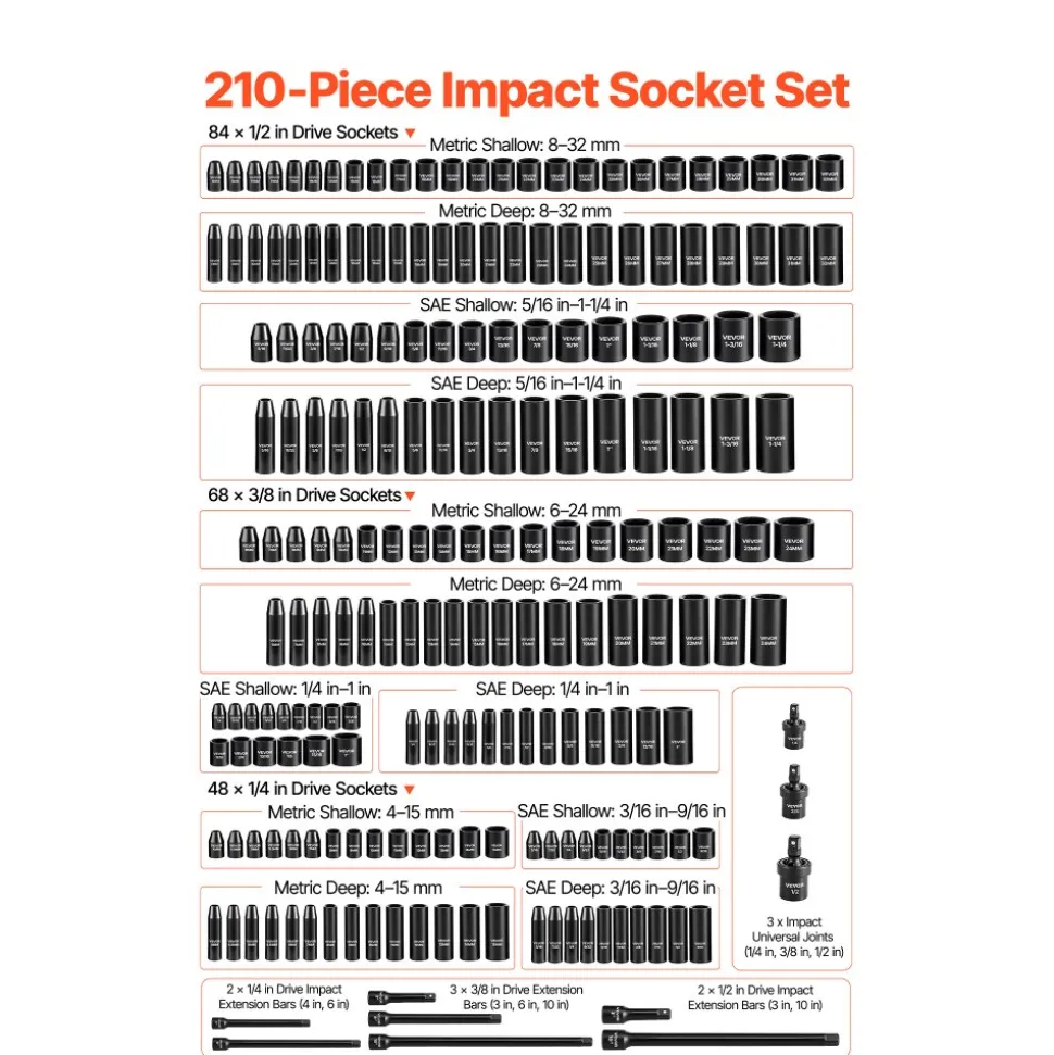 VEVOR 210 Piece Drive Impact Socket Set, 1/4, 3/8, 1/2 Inch, 6 Point Deep & Shallow Impact Sockets, SAE (3/16 to 1-1/4 in) and Metric (4 to 32 mm) Sizes with Extension Bars, Cr-Mo Steel, Carrying Case