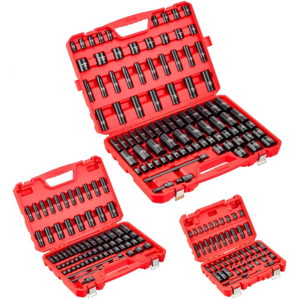 VEVOR 210 Piece Drive Impact Socket Set, 1/4, 3/8, 1/2 Inch, 6 Point Deep & Shallow Impact Sockets, SAE (3/16 to 1-1/4 in) and Metric (4 to 32 mm) Sizes with Extension Bars, Cr-Mo Steel, Carrying Case