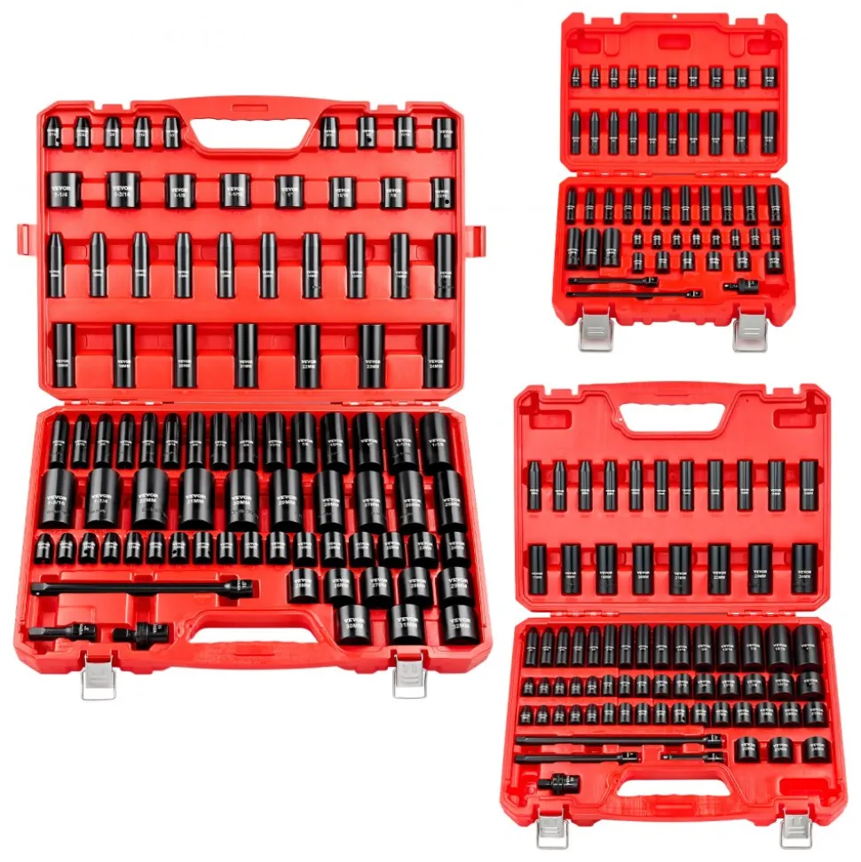 VEVOR 210 Piece Drive Impact Socket Set, 1/4, 3/8, 1/2 Inch, 6 Point Deep & Shallow Impact Sockets, SAE (3/16 to 1-1/4 in) and Metric (4 to 32 mm) Sizes with Extension Bars, Cr-Mo Steel, Carrying Case