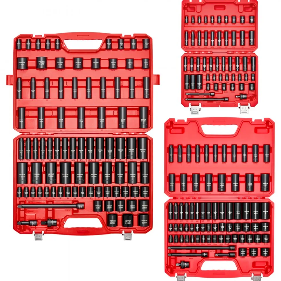 VEVOR 210 Piece Drive Impact Socket Set, 1/4, 3/8, 1/2 Inch, 6 Point Deep & Shallow Impact Sockets, SAE (3/16 to 1-1/4 in) and Metric (4 to 32 mm) Sizes with Extension Bars, Cr-Mo Steel, Carrying Case