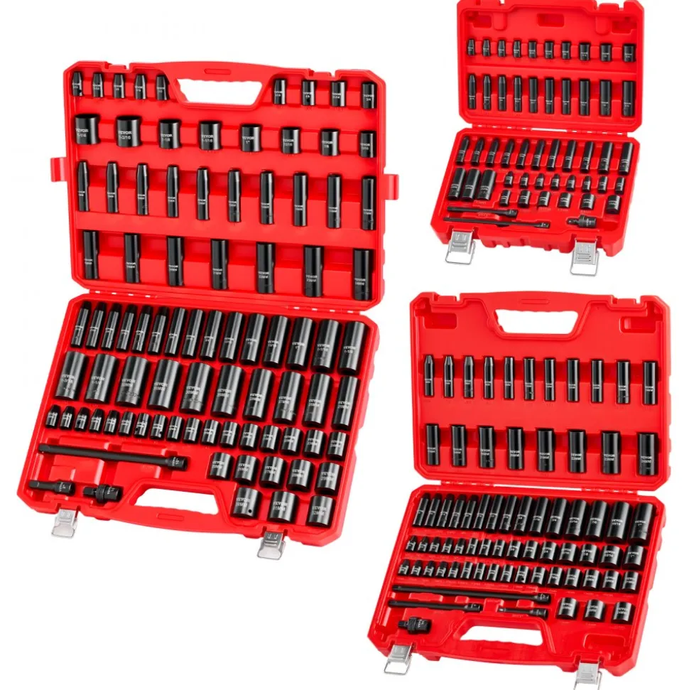 VEVOR 210 Piece Drive Impact Socket Set, 1/4, 3/8, 1/2 Inch, 6 Point Deep & Shallow Impact Sockets, SAE (3/16 to 1-1/4 in) and Metric (4 to 32 mm) Sizes with Extension Bars, Cr-Mo Steel, Carrying Case