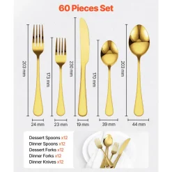 VEVOR 60-Piece Gold Silverware Set, Food-Grade Stainless Steel Flatware Utensils for 12, Mirror Finished Cutlery Set, Dishwasher Safe Eating Tableware for Kitchen Home, Include Knife Fork Spoon
