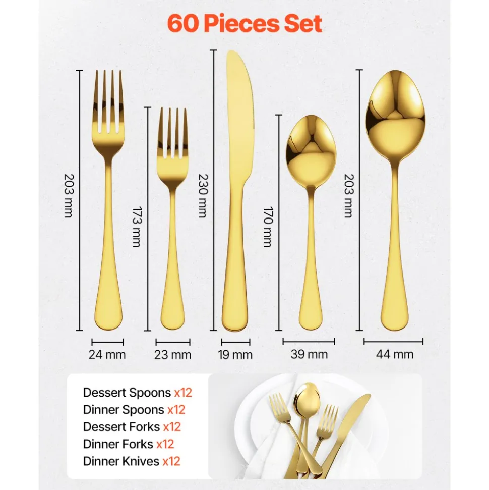 VEVOR 60-Piece Gold Silverware Set, Food-Grade Stainless Steel Flatware Utensils for 12, Mirror Finished Cutlery Set, Dishwasher Safe Eating Tableware for Kitchen Home, Include Knife Fork Spoon