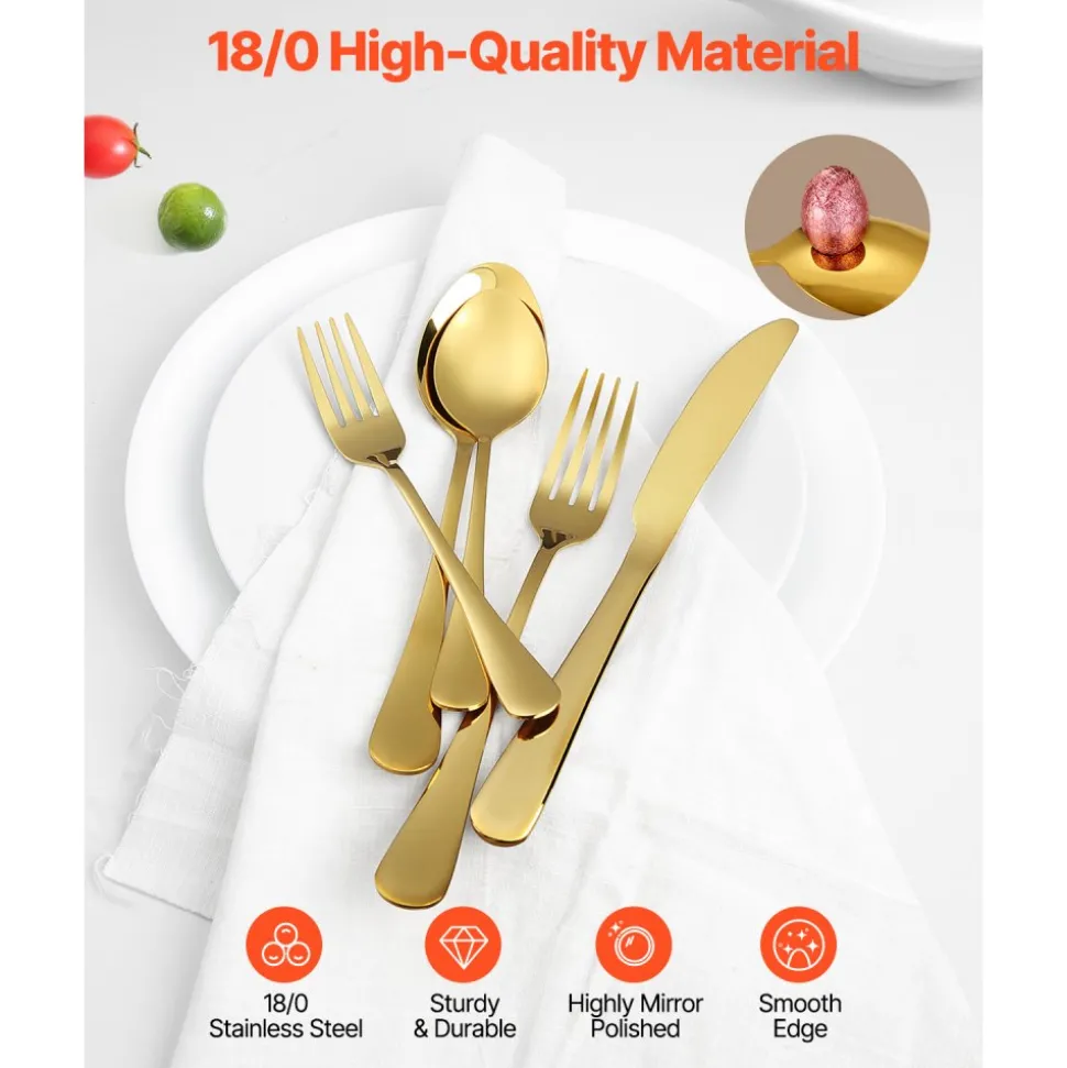 VEVOR 60-Piece Gold Silverware Set, Food-Grade Stainless Steel Flatware Utensils for 12, Mirror Finished Cutlery Set, Dishwasher Safe Eating Tableware for Kitchen Home, Include Knife Fork Spoon
