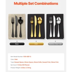 VEVOR 60-Piece Gold Silverware Set, Food-Grade Stainless Steel Flatware Utensils for 12, Mirror Finished Cutlery Set, Dishwasher Safe Eating Tableware for Kitchen Home, Include Knife Fork Spoon