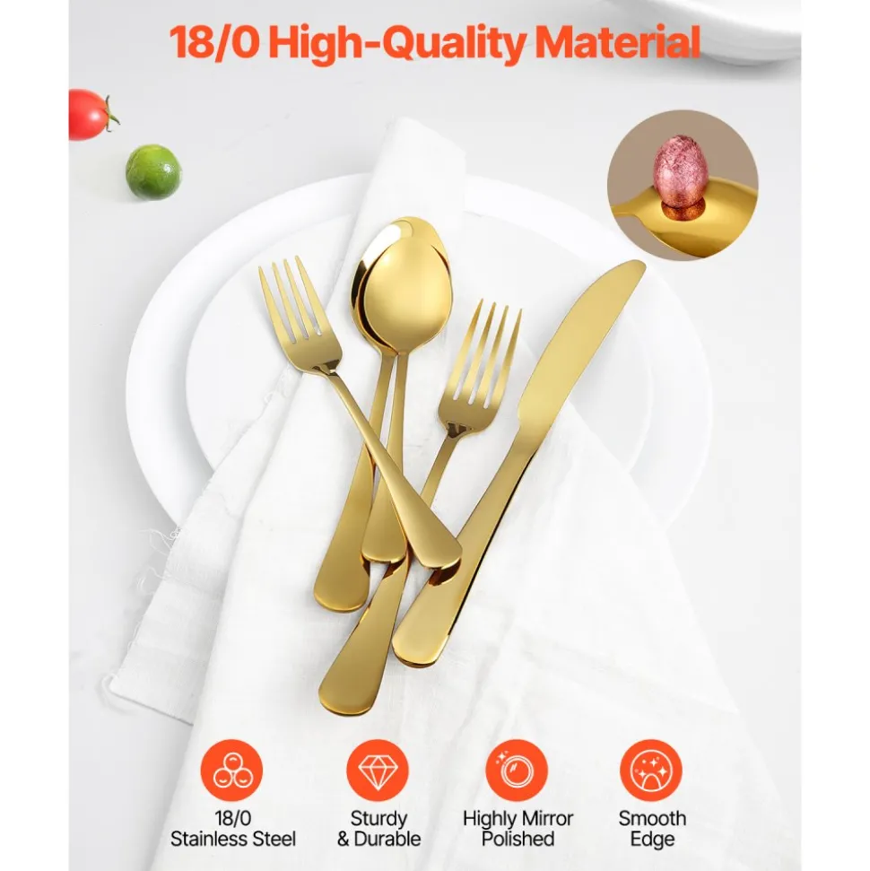 VEVOR 100-Piece Gold Silverware Set, Food-Grade Stainless Steel Flatware Utensils for 20, Mirror Finished Cutlery Set, Dishwasher Safe Eating Tableware for Kitchen Home, Include Knife Fork Spoon