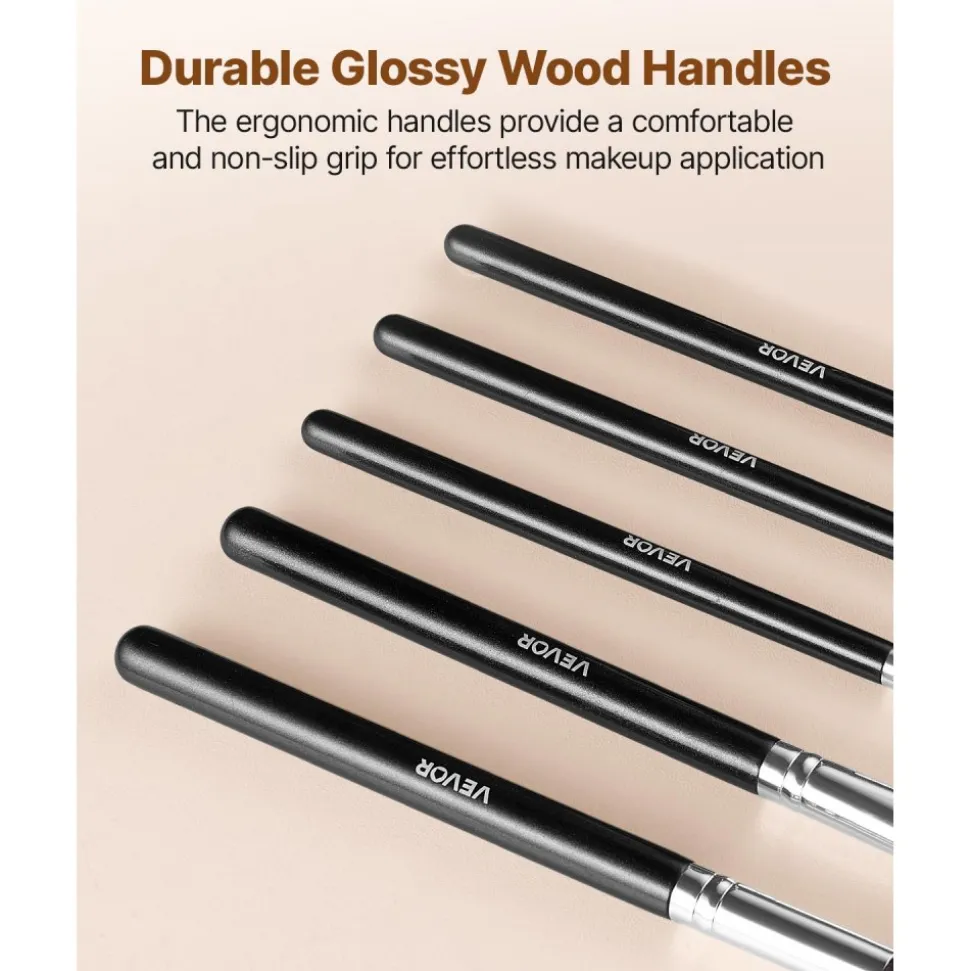 VEVOR 15-Piece Makeup Brush Set for Foundation Blending Eyeshadow, Professional Vegan Brushes with Soft Synthetic Bristles, Ergonomic Wood Handle & Aluminum Ferrule, Portable and Travel-Friendly