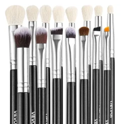 VEVOR 15-Piece Makeup Brush Set for Foundation Blending Eyeshadow, Professional Vegan Brushes with Soft Synthetic Bristles, Ergonomic Wood Handle & Aluminum Ferrule, Portable and Travel-Friendly