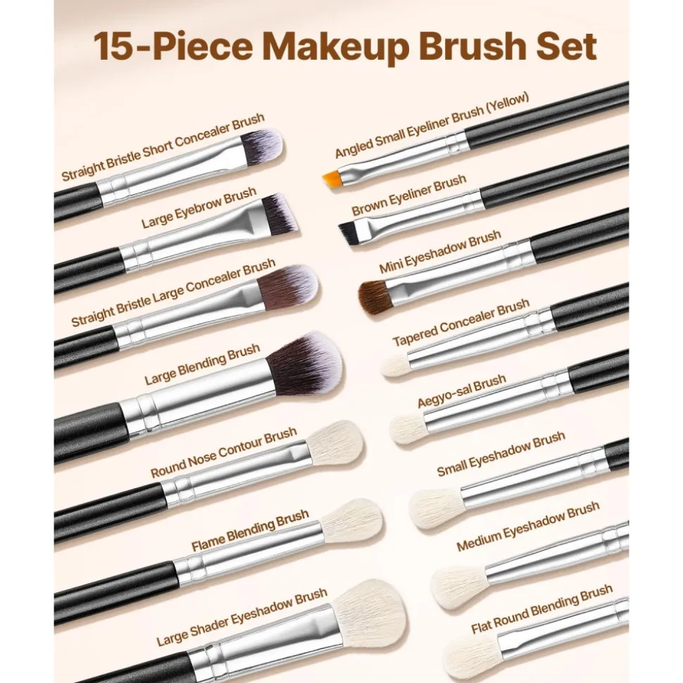 VEVOR 15-Piece Makeup Brush Set for Foundation Blending Eyeshadow, Professional Vegan Brushes with Soft Synthetic Bristles, Ergonomic Wood Handle & Aluminum Ferrule, Portable and Travel-Friendly