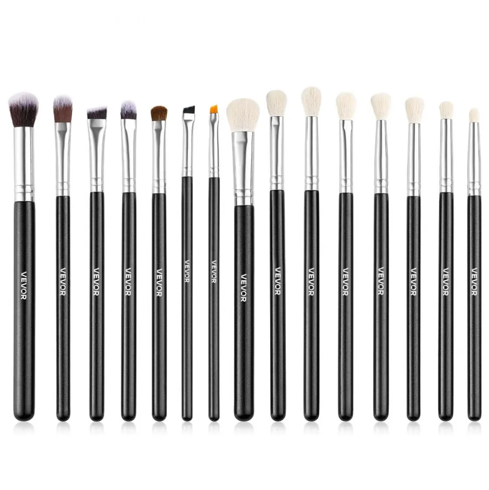 VEVOR 15-Piece Makeup Brush Set for Foundation Blending Eyeshadow, Professional Vegan Brushes with Soft Synthetic Bristles, Ergonomic Wood Handle & Aluminum Ferrule, Portable and Travel-Friendly