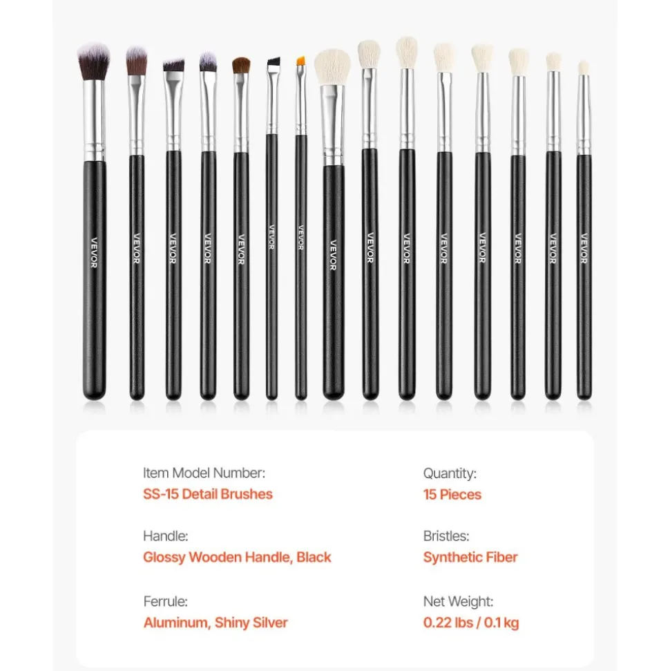 VEVOR 15-Piece Makeup Brush Set for Foundation Blending Eyeshadow, Professional Vegan Brushes with Soft Synthetic Bristles, Ergonomic Wood Handle & Aluminum Ferrule, Portable and Travel-Friendly