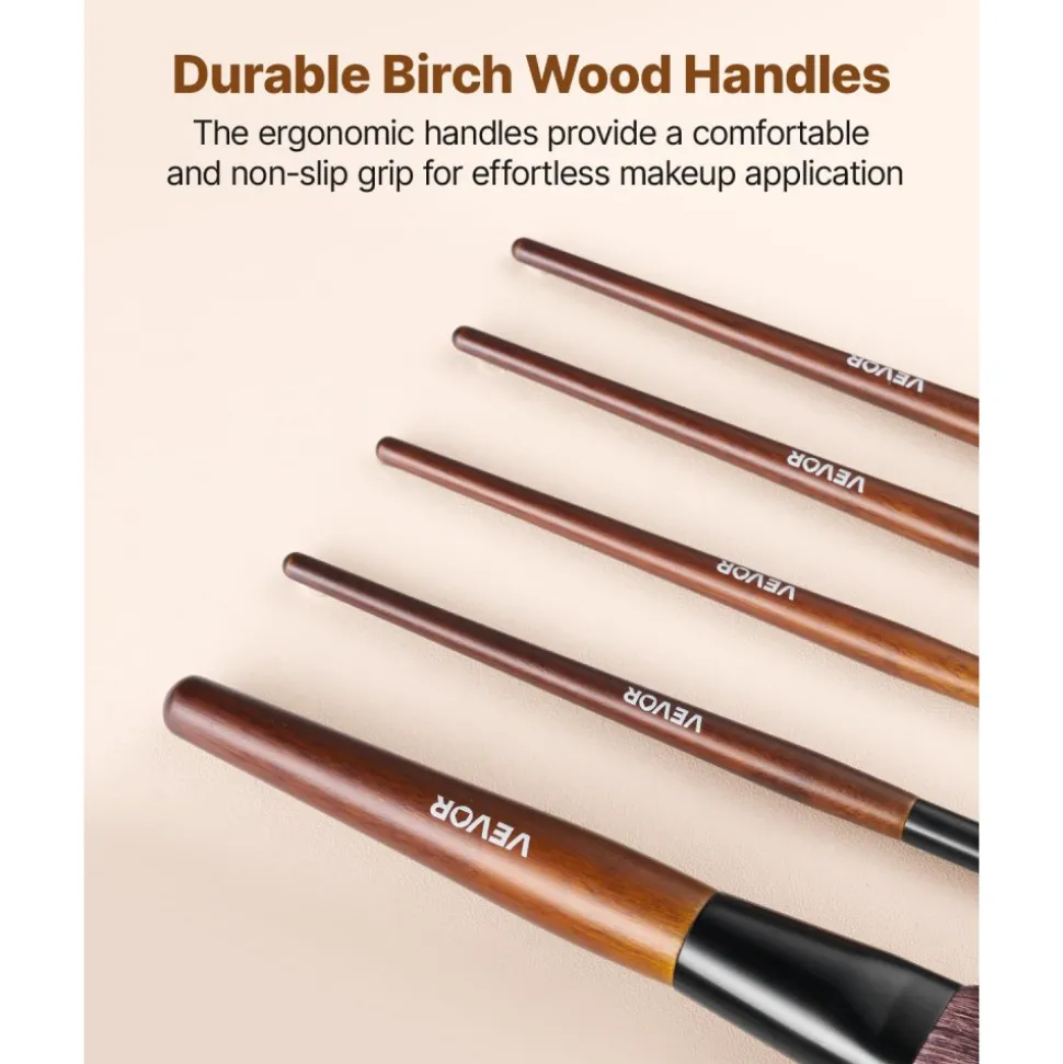 VEVOR 9-Piece Makeup Brush Set for Foundation Blending Eyeshadow, Professional Makeup Brush Kit with Soft Natural Wool & Vegan Synthetic Bristles, Ergonomic Wood Handle, Travel-Friendly Storage Bag