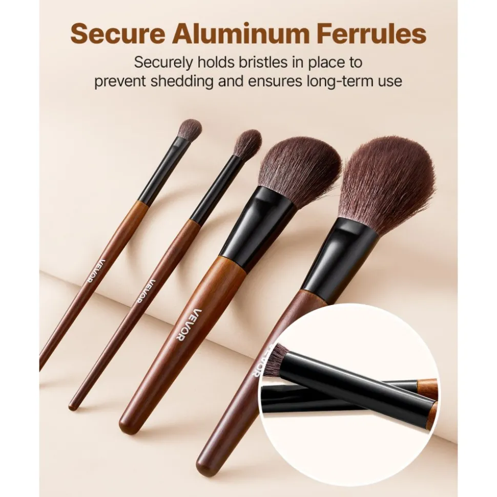 VEVOR 9-Piece Makeup Brush Set for Foundation Blending Eyeshadow, Professional Makeup Brush Kit with Soft Natural Wool & Vegan Synthetic Bristles, Ergonomic Wood Handle, Travel-Friendly Storage Bag