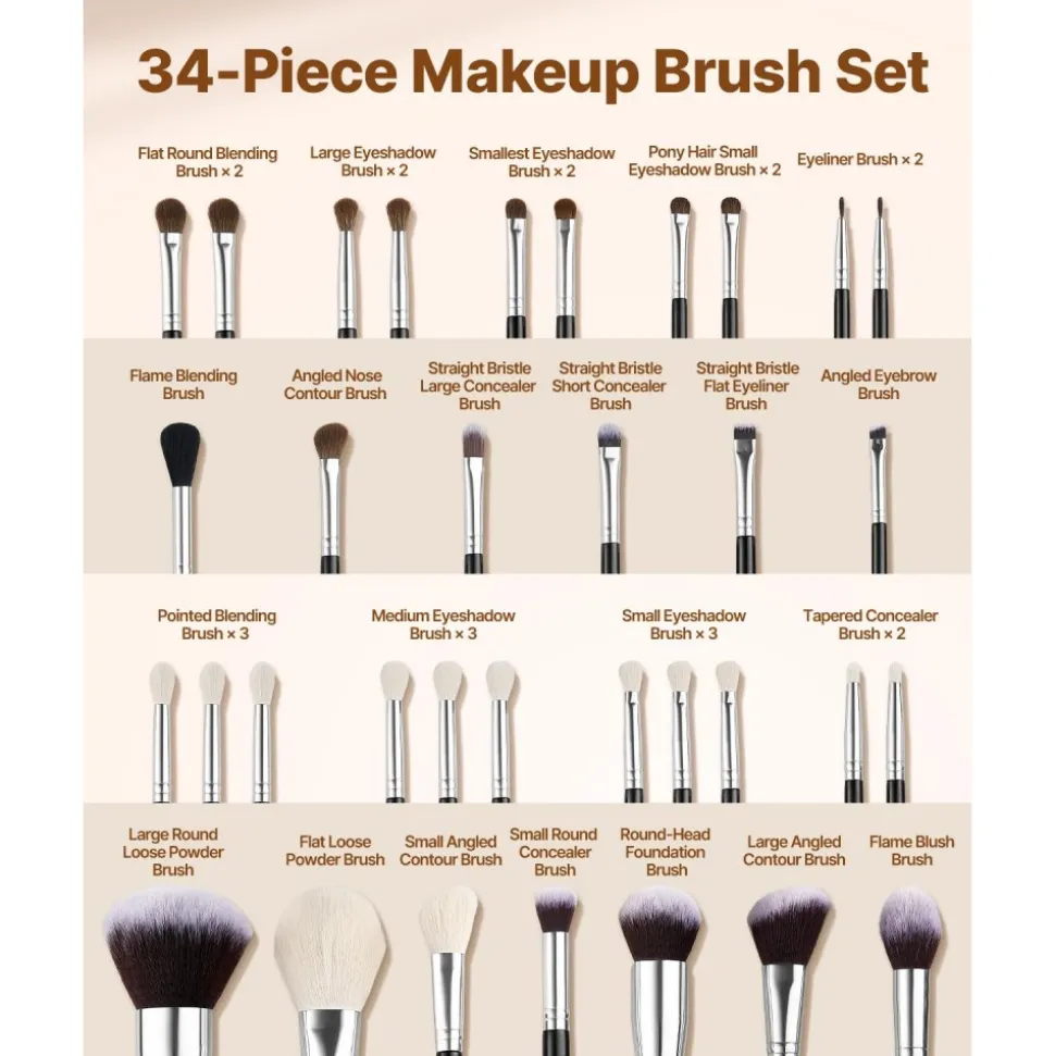 VEVOR 34-Piece Makeup Brush Set, Professional Brushes Kit for Foundation Blending Eyeshadow Concealer Blush - with Soft Bristles, Ergonomic Wood Handle, Travel-Friendly Case Included