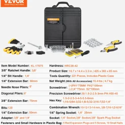 VEVOR 221-Piece Mechanics Tool Set, 1/4
