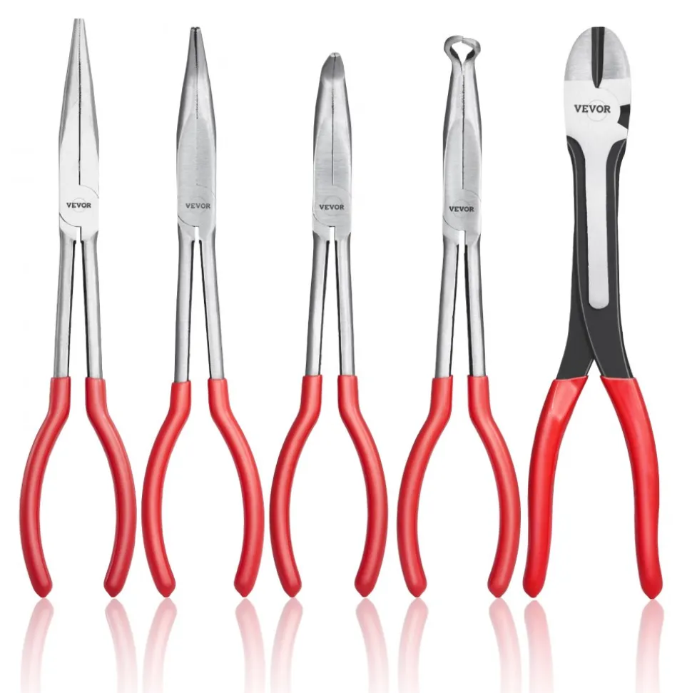 VEVOR 5-Piece Needle Nose Pliers, 11 in Long Needle Nose Pliers Set, Diagonal Cutting Pliers, 45°/ 90° Bent Nose Plier, Round Nose Plier, Long Nose Plier, Professional Pliers Set with Storage Bag