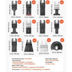VEVOR 160-Piece Oscillating Saw Blades and Sanding Kit – 36 Universal Multi Tool Blades with 2 Scrapers, 2 Sanding Pads & 120 Sandpapers, 11 Types Oscillating Multitool Blades for Wood Plastic Metal