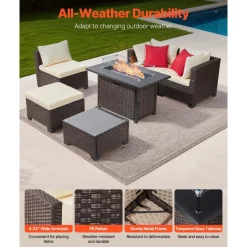 VEVOR 6-Piece Outdoor Patio Furniture Set, Wicker Rattan Outdoor Sectional Conversation Set with 50000BTU Propane Fire Pit Table, Cushioned Sofas, Coffee Table & Ottoman for Patio Garden Backyard