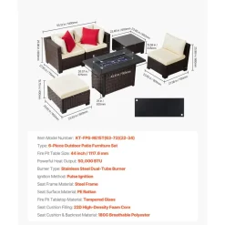 VEVOR 6-Piece Outdoor Patio Furniture Set, Wicker Rattan Outdoor Sectional Conversation Set with 50000BTU Propane Fire Pit Table, Cushioned Sofas, Coffee Table & Ottoman for Patio Garden Backyard