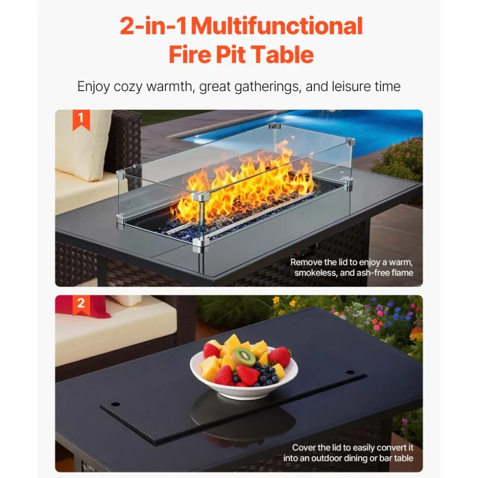 VEVOR 6-Piece Outdoor Patio Furniture Set, Wicker Rattan Outdoor Sectional Conversation Set with 50000BTU Propane Fire Pit Table, Cushioned Sofas, Coffee Table & Ottoman for Patio Garden Backyard