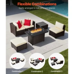VEVOR 6-Piece Outdoor Patio Furniture Set, Wicker Rattan Outdoor Sectional Conversation Set with 50000BTU Propane Fire Pit Table, Cushioned Sofas, Coffee Table & Ottoman for Patio Garden Backyard