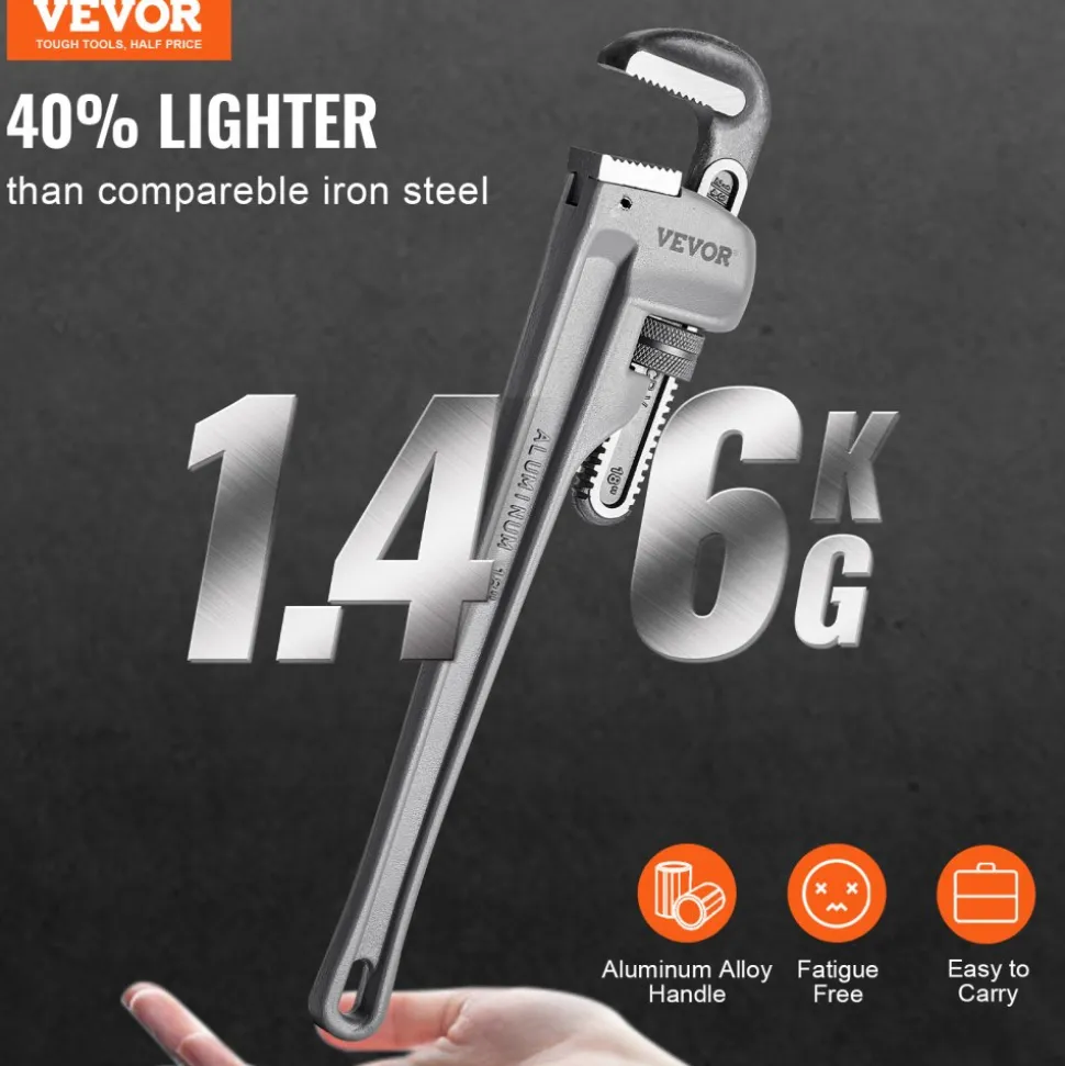 VEVOR 3-Piece Pipe Wrench Set, 10" 14" 18" Aluminum Straight Pipe Wrench, Adjustable Plumbing Wrench, with High Strength Jaw and Ergonomic Handle, Hangable Design, for Water Pipes, Automotive Repairs