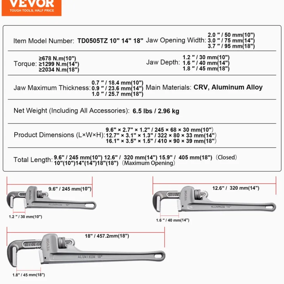 VEVOR 3-Piece Pipe Wrench Set, 10" 14" 18" Aluminum Straight Pipe Wrench, Adjustable Plumbing Wrench, with High Strength Jaw and Ergonomic Handle, Hangable Design, for Water Pipes, Automotive Repairs