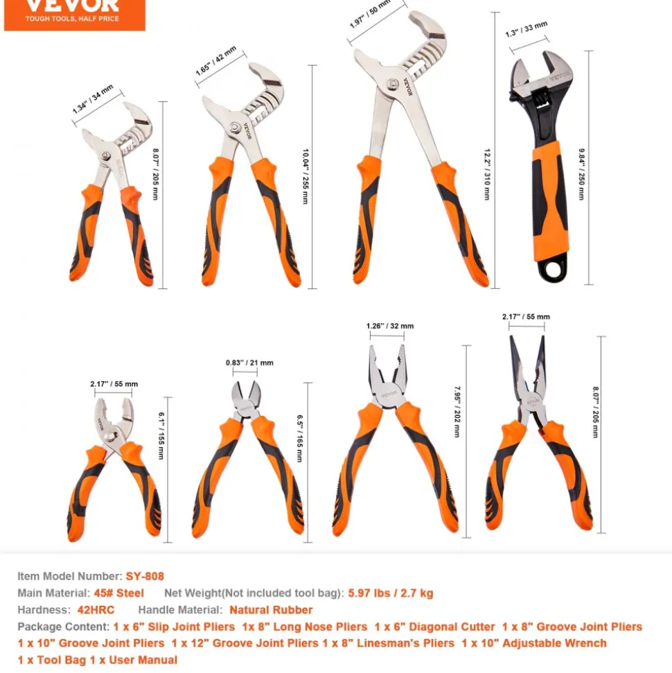 VEVOR 8-Piece Pliers Set, High Carbon Steel, 12"/10"/8" Groove Joint Pliers, 8" Linesman's Pliers, 6" Slip Joint Pliers, 8" Long Nose Pliers, 6" Diagonal Cutter, 10" Adjustable Wrench, and Tool Bag