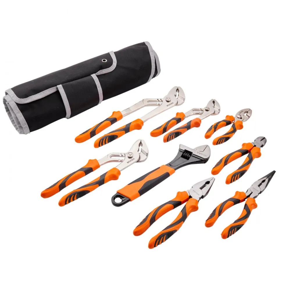 VEVOR 8-Piece Pliers Set, High Carbon Steel, 12"/10"/8" Groove Joint Pliers, 8" Linesman's Pliers, 6" Slip Joint Pliers, 8" Long Nose Pliers, 6" Diagonal Cutter, 10" Adjustable Wrench, and Tool Bag