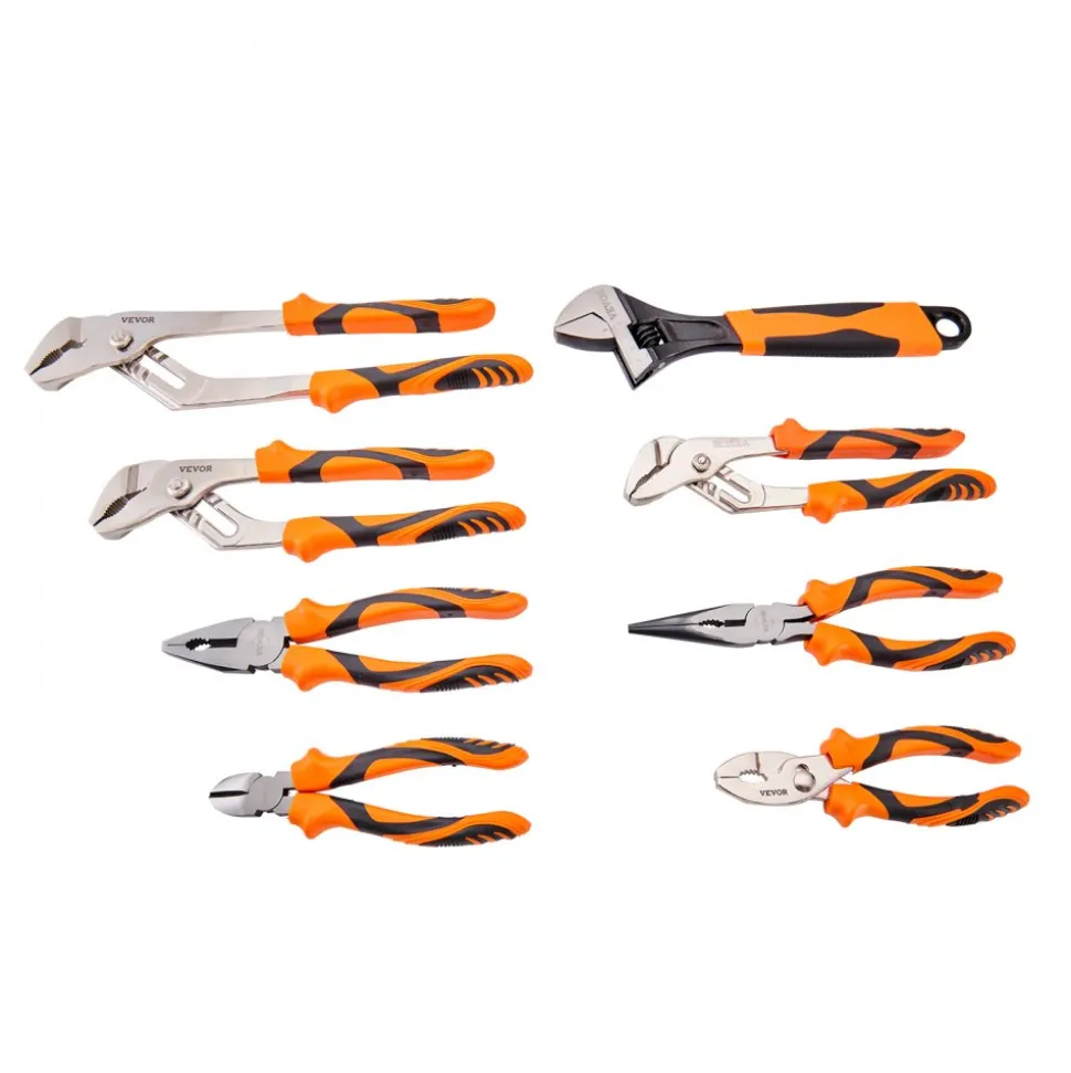 VEVOR 8-Piece Pliers Set, High Carbon Steel, 12"/10"/8" Groove Joint Pliers, 8" Linesman's Pliers, 6" Slip Joint Pliers, 8" Long Nose Pliers, 6" Diagonal Cutter, 10" Adjustable Wrench, and Tool Bag