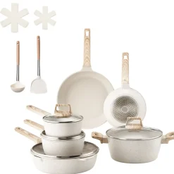 VEVOR 17 Piece Pots and Pans Set, Granite Nonstick Cookware Set, Induction Cookwares, Kitchen RV Cooking Sets with Frying, Sauce, Saute, Tempered Glass Lids, and Pan Protectors, White