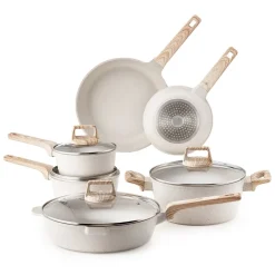VEVOR 17 Piece Pots and Pans Set, Granite Nonstick Cookware Set, Induction Cookwares, Kitchen RV Cooking Sets with Frying, Sauce, Saute, Tempered Glass Lids, and Pan Protectors, White