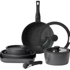 VEVOR 17 Piece Pots and Pans Set, Granite Nonstick Detachable Handle Cookware, Space Saving Induction Cookwares, Kitchen RV Cooking Sets with Frying, Sauce, Saute, Tempered Glass Lid, Oven Safe, Black