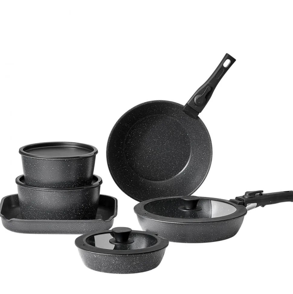 VEVOR 17 Piece Pots and Pans Set, Granite Nonstick Detachable Handle Cookware, Space Saving Induction Cookwares, Kitchen RV Cooking Sets with Frying, Sauce, Saute, Tempered Glass Lid, Oven Safe, Black