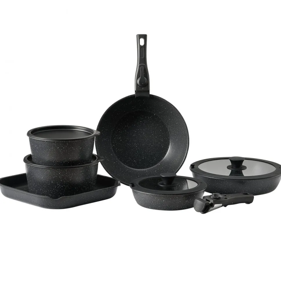 VEVOR 17 Piece Pots and Pans Set, Granite Nonstick Detachable Handle Cookware, Space Saving Induction Cookwares, Kitchen RV Cooking Sets with Frying, Sauce, Saute, Tempered Glass Lid, Oven Safe, Black