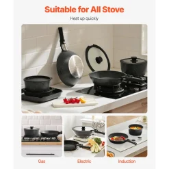 VEVOR 17 Piece Pots and Pans Set, Granite Nonstick Detachable Handle Cookware, Space Saving Induction Cookwares, Kitchen RV Cooking Sets with Frying, Sauce, Saute, Tempered Glass Lid, Oven Safe, Black