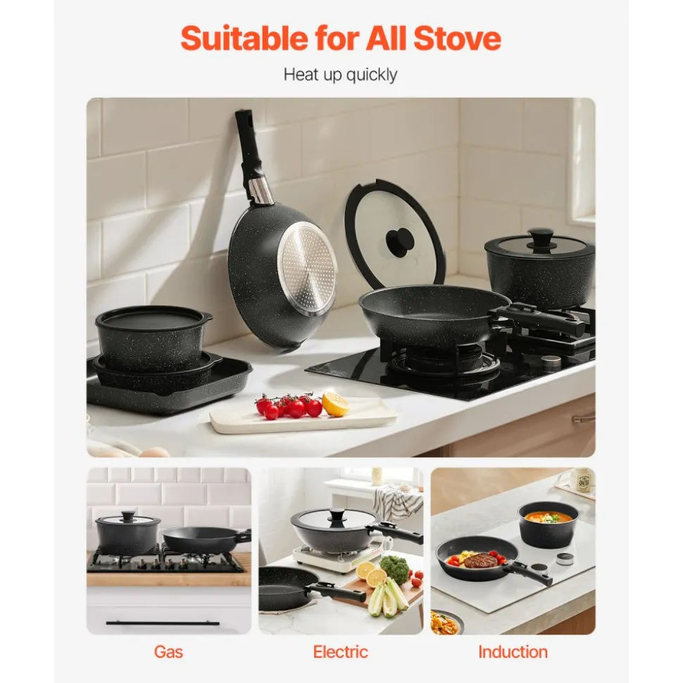 VEVOR 17 Piece Pots and Pans Set, Granite Nonstick Detachable Handle Cookware, Space Saving Induction Cookwares, Kitchen RV Cooking Sets with Frying, Sauce, Saute, Tempered Glass Lid, Oven Safe, Black