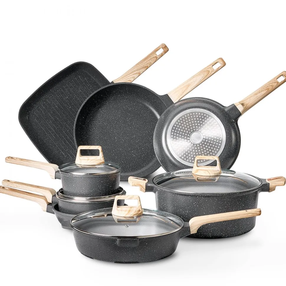 VEVOR 19 Piece Pots and Pans Set, Granite Nonstick Cookware Set, Induction Cookwares, Kitchen RV Cooking Sets with Frying, Sauce, Saute, Tempered Glass Lids, and Pan Protectors, Black