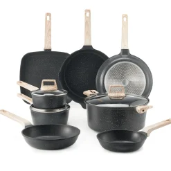 VEVOR 19 Piece Pots and Pans Set, Granite Nonstick Cookware Set, Induction Cookwares, Kitchen RV Cooking Sets with Frying, Sauce, Saute, Tempered Glass Lids, and Pan Protectors, Black