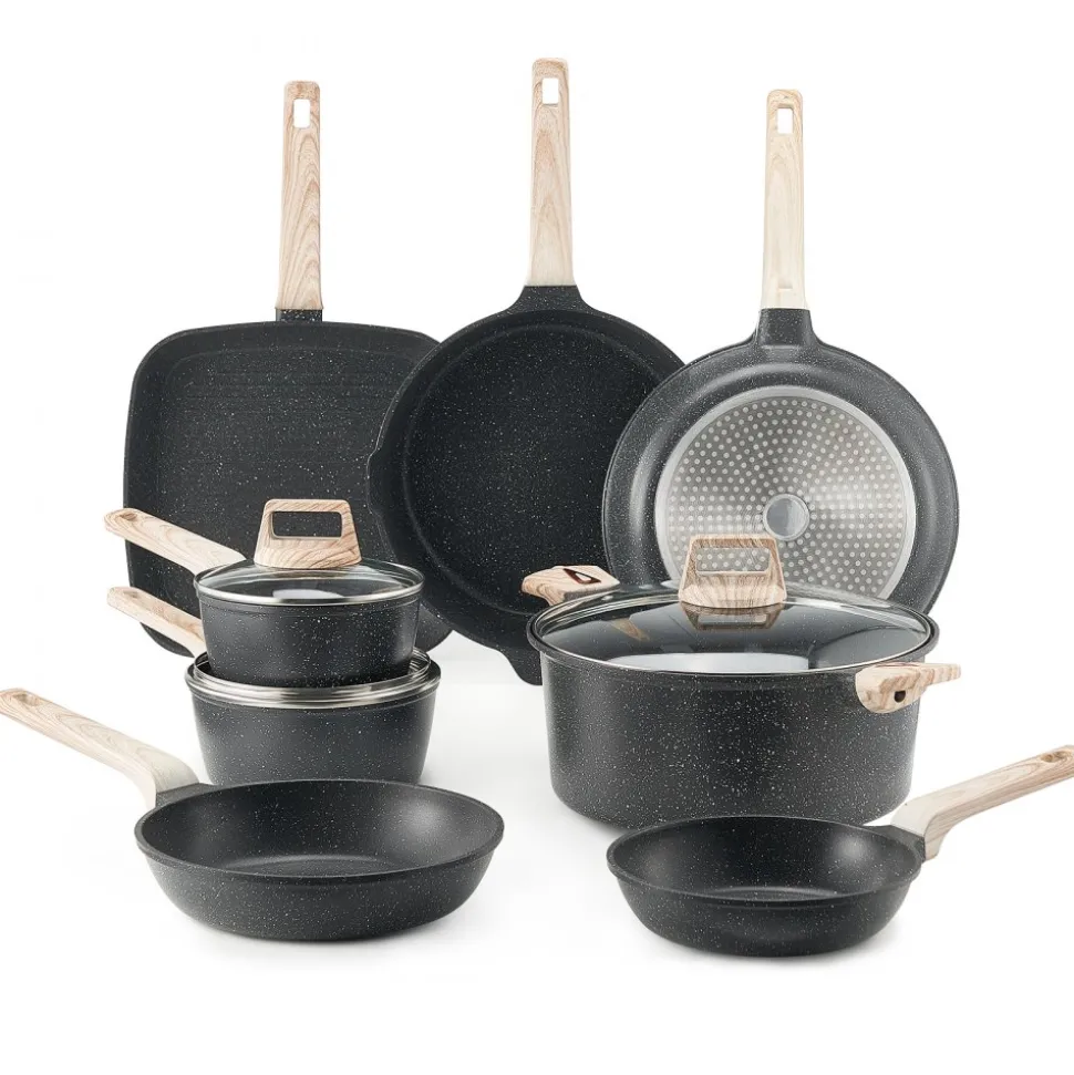 VEVOR 19 Piece Pots and Pans Set, Granite Nonstick Cookware Set, Induction Cookwares, Kitchen RV Cooking Sets with Frying, Sauce, Saute, Tempered Glass Lids, and Pan Protectors, Black